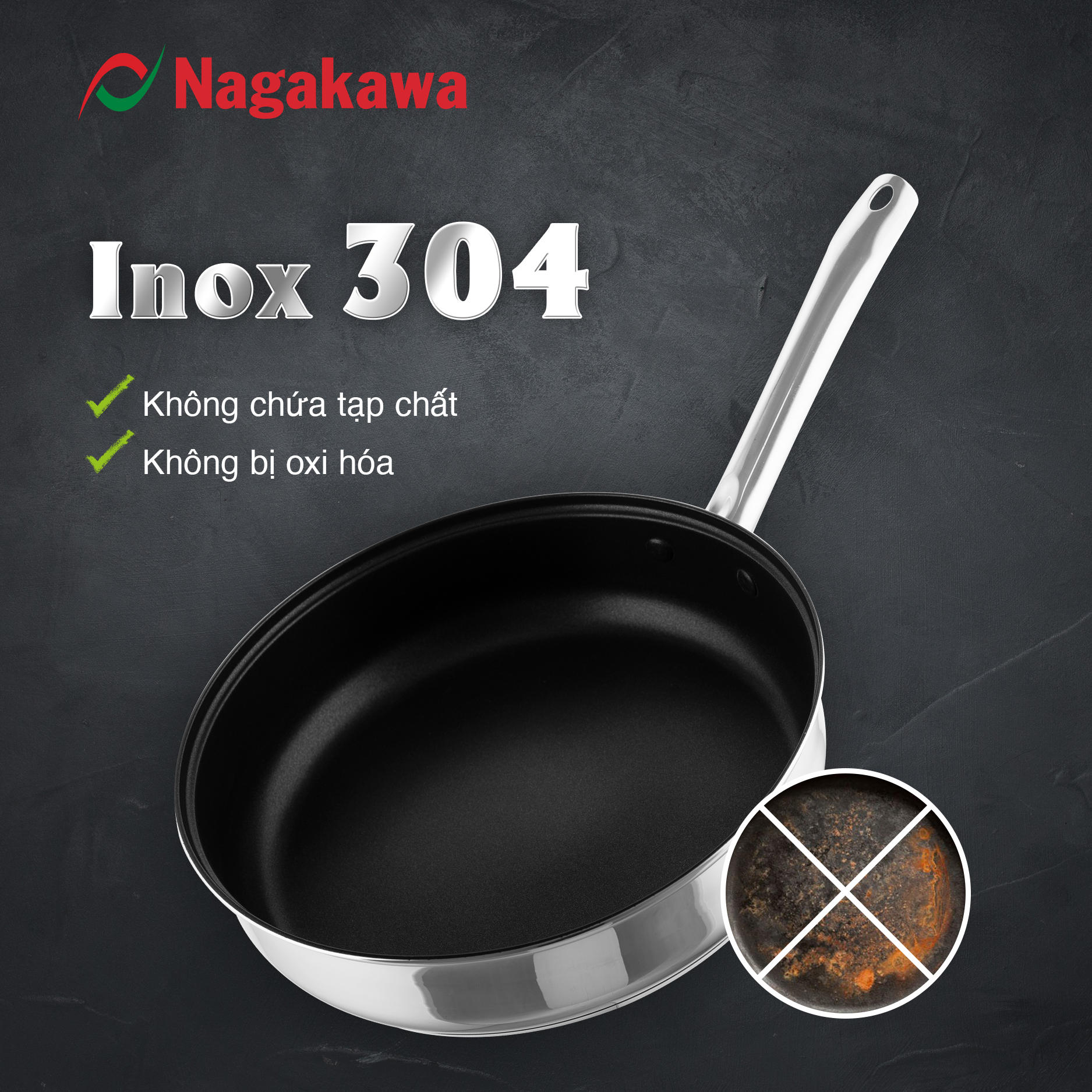 Chảo chống dính inox đa lớp Nagakawa Aki NAG04 - Dùng trên mọi loại bếp - Hàng chính hãng
