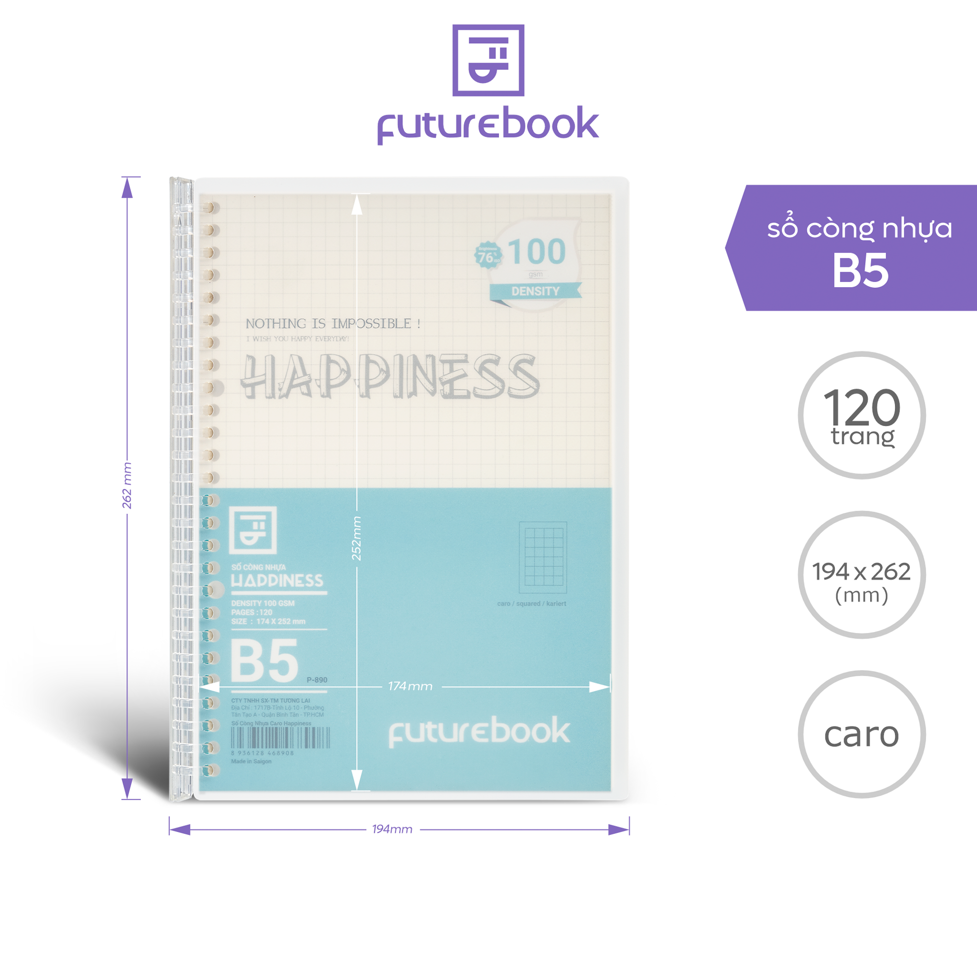 Sổ còng nhựa Happiness B5 20 chấu kèm ruột giấy refill  làm sổ tay planner phong cách hàn quốc FUTUREBOOK 890/892