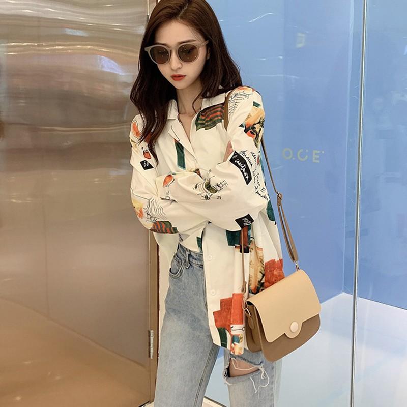 Áo sơ mi dài tay form rộng in họa tiết hoạt hình phong cách vintage thời trang