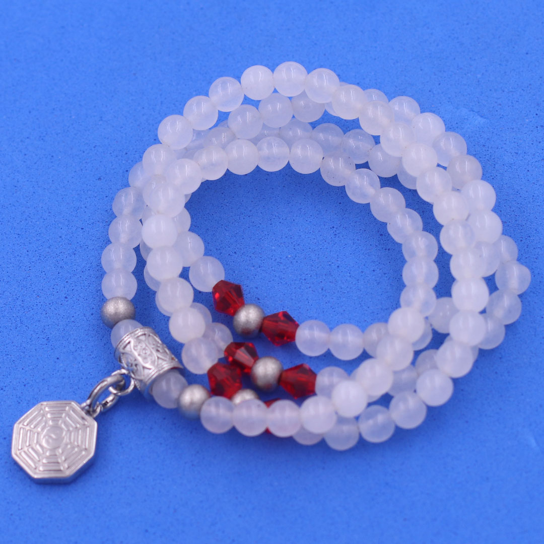 Vòng chuỗi 108 hạt đá thạch anh trắng 6 ly charm bát quái inox - vòng chuỗi niệm Phật, vòng tay chuỗi hạt