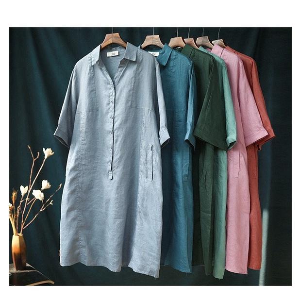 Đầm suông công sở linen cổ đức 2 túi bổ cơi, thời trang hè thu 2021