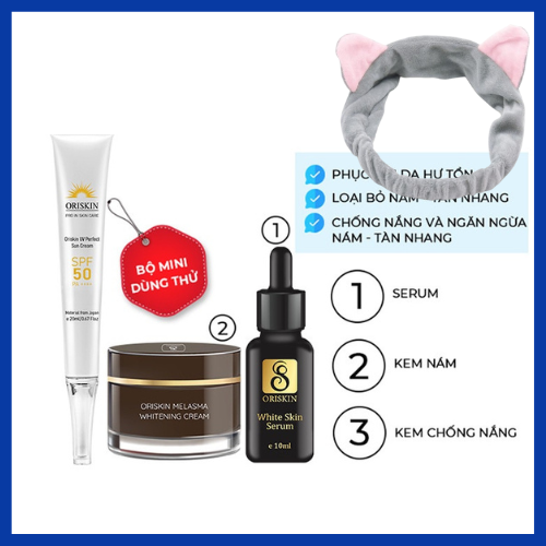 Combo Chăm Sóc Da Nám Gồm Kem Nám ORISKIN MELASMA WHITENING CREAM, Serum WHITE SKIN mini và Kem chống nắng ORISKIN UV PERFECT SUN CREAM,  Tặng Băng Đô Thời Trang Màu Ngẫu Nhiên