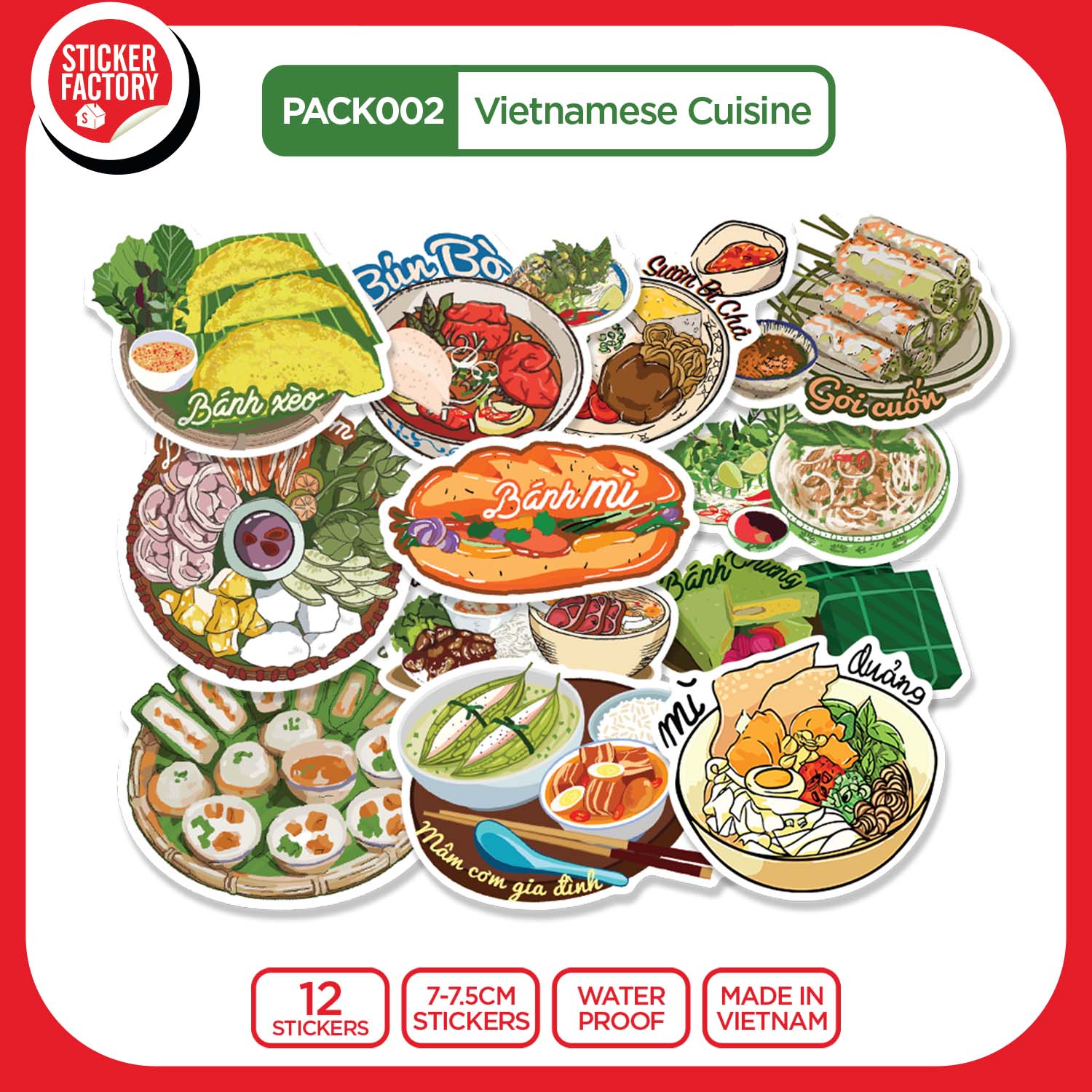 PACK002 Vietnamese Cuisine - Set 12 hình dán Die Cut Sticker Pack made in Viet Nam Sticker Factory