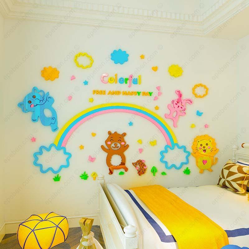 Tranh dán tường mica 3d decor khổ lớn ngày hạnh phúc trang trí mầm non, mẫu giáo, phòng cho bé