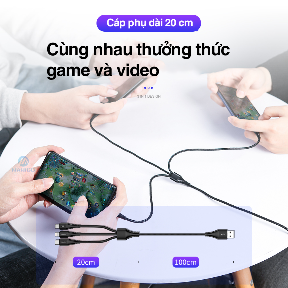 Dây cáp sạc nhanh 3 đầu ip typeC micro Rockspace Hi-Tensile dây dù sạc 3 thiết bị cùng lúc hàng chính hãng BH 12 tháng