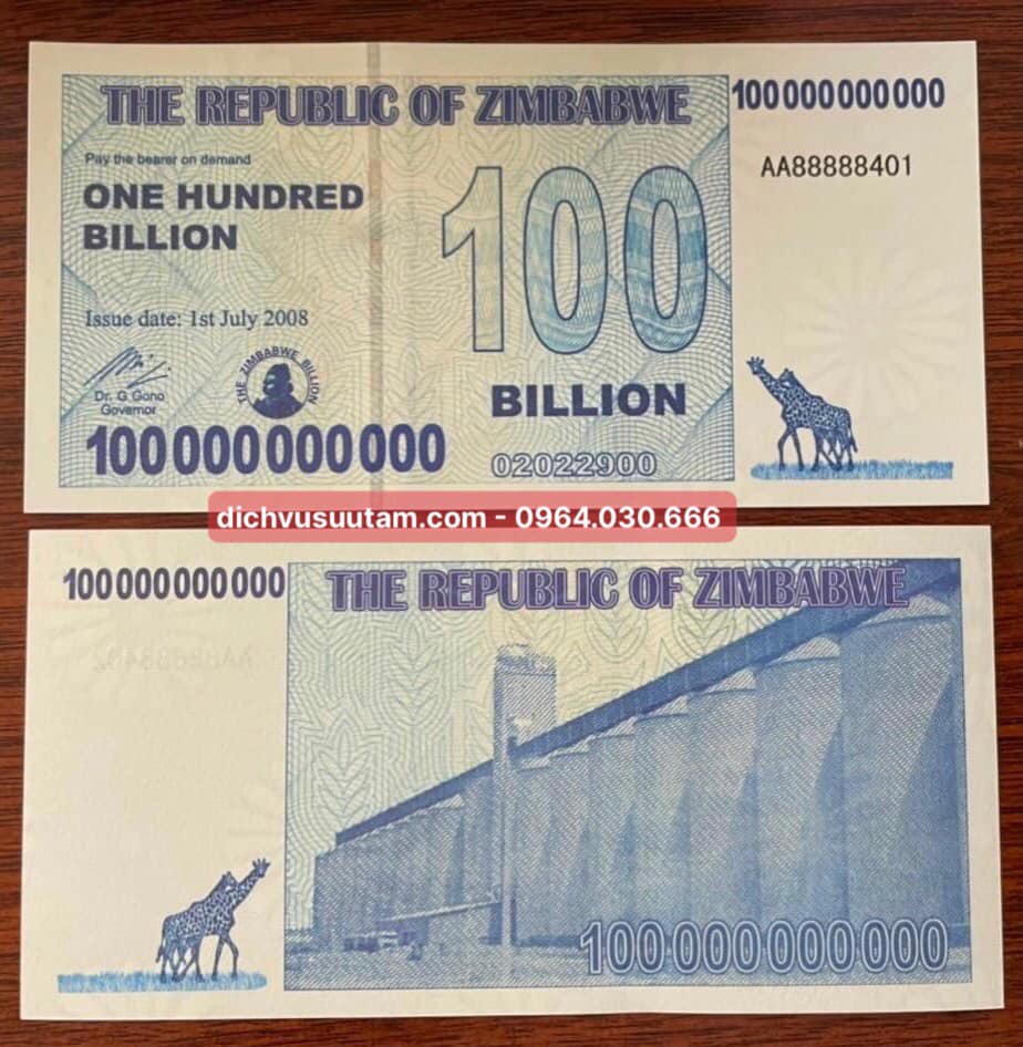 Tiền làm phát 100 triệu dollars Zimbabwe lưu niệm phát quang khi chiếu đèn cực tím