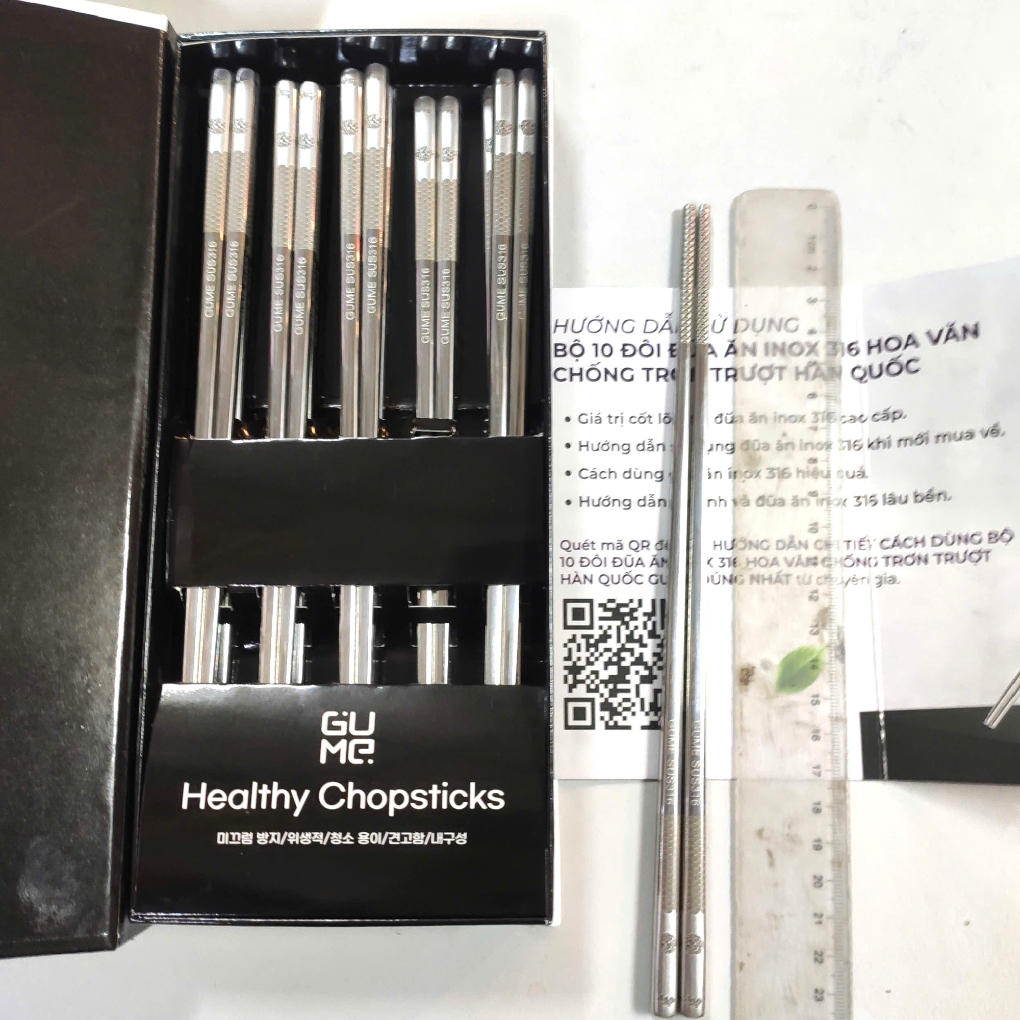 Bộ 10 đôi đũa ăn inox 316 hoa văn chống trơn trượt Gu Me Hàn Quốc GM-D1882 - An Toàn Cho Sức Khỏe
