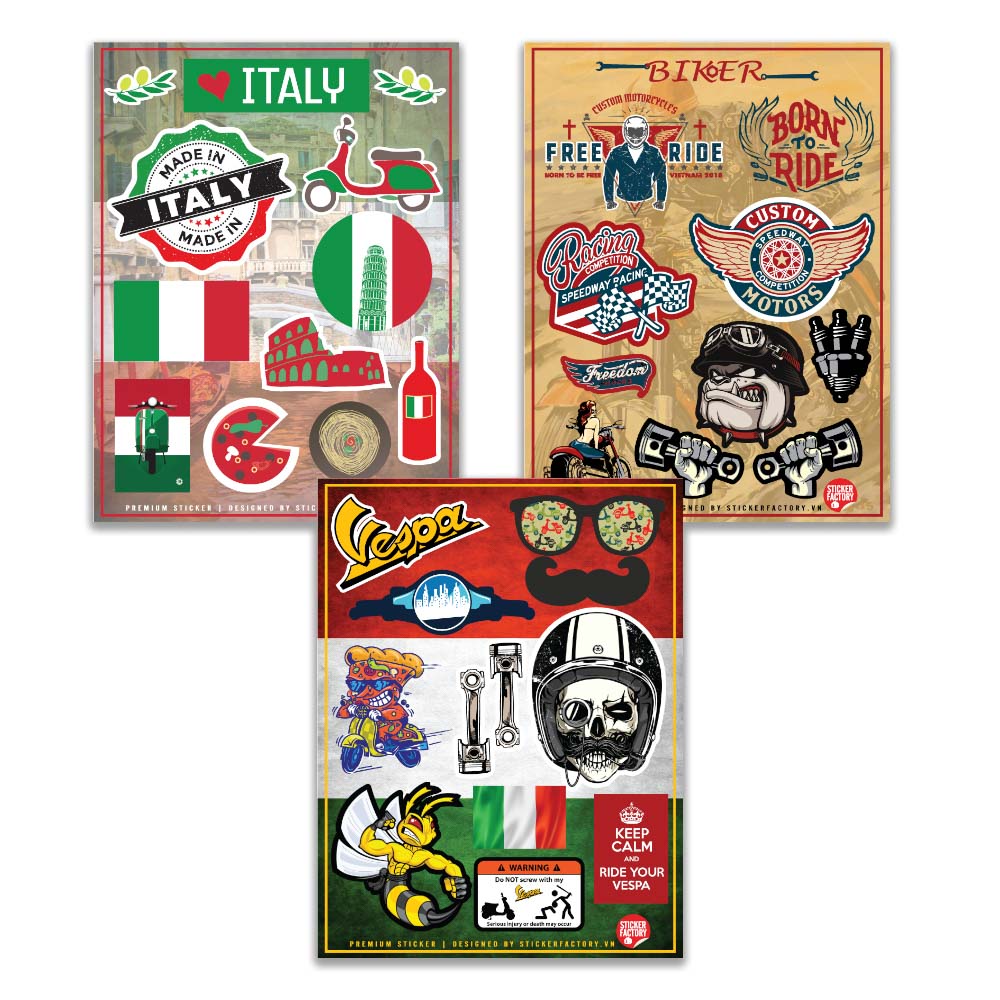 VESPA ITALY BIKER - Combo 3 Hình dán cao cấp Premium Sticker