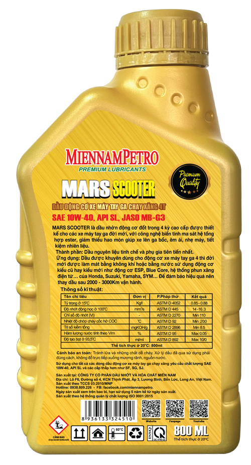 Dầu Nhớt MiennamPetro Mars Scooter 4T 10W-40 API SL JASO MB 800ml Bảo Vệ Liên Tục Động Cơ Xe Máy Tay Ga 4 Thì