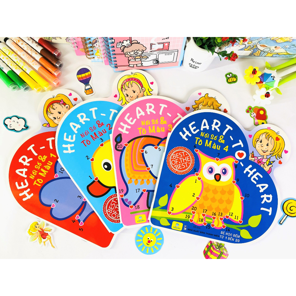 Sách - Bộ 4 cuốn Nối Số Tô Màu - Bé học đếm từ 1 đến 10 Heart to heart - ndbooks