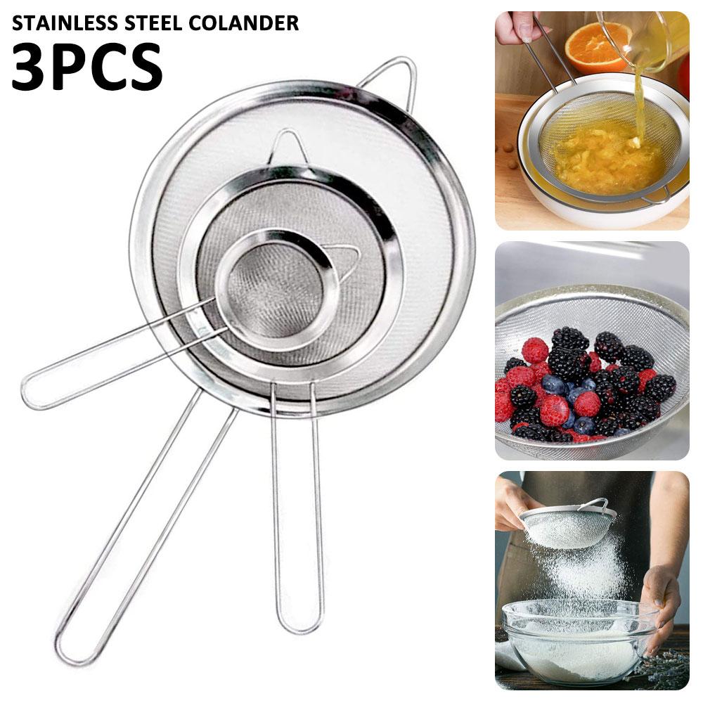 3 Chiếc Lưới Mịn Lưới Lọc Thép Không Gỉ Rây Lọc Lưới Lọc Sifter Bếp Bột Lọc Nhỏ Trung Bình Lớn Kim Loại Dụng Cụ Lọc Bộ