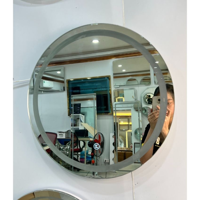 Gương tròn có đế đèn led cảm ứng gắn tường, makeup decor giá rẻ kích thước D50cm cách viền