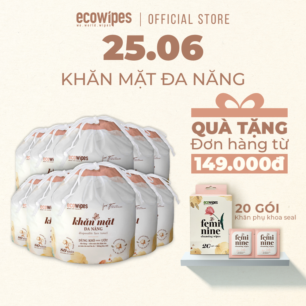 Combo 10 khăn lau mặt khô dùng 1 lần đa năng cuộn 80 tờ size 20x20 nhỏ gọn tiện lợi