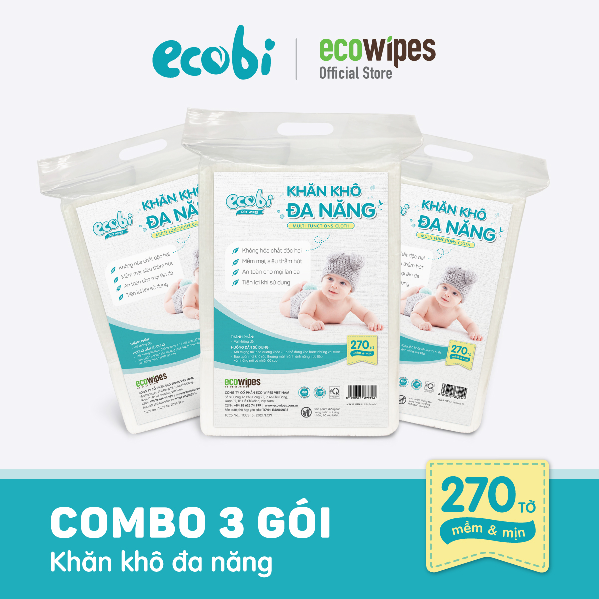 Combo 3 túi KHĂN KHÔ ĐA NĂNG ECOBI 270 tờ - Dùng thay khăn sữa, an toàn cho trẻ sơ sinh