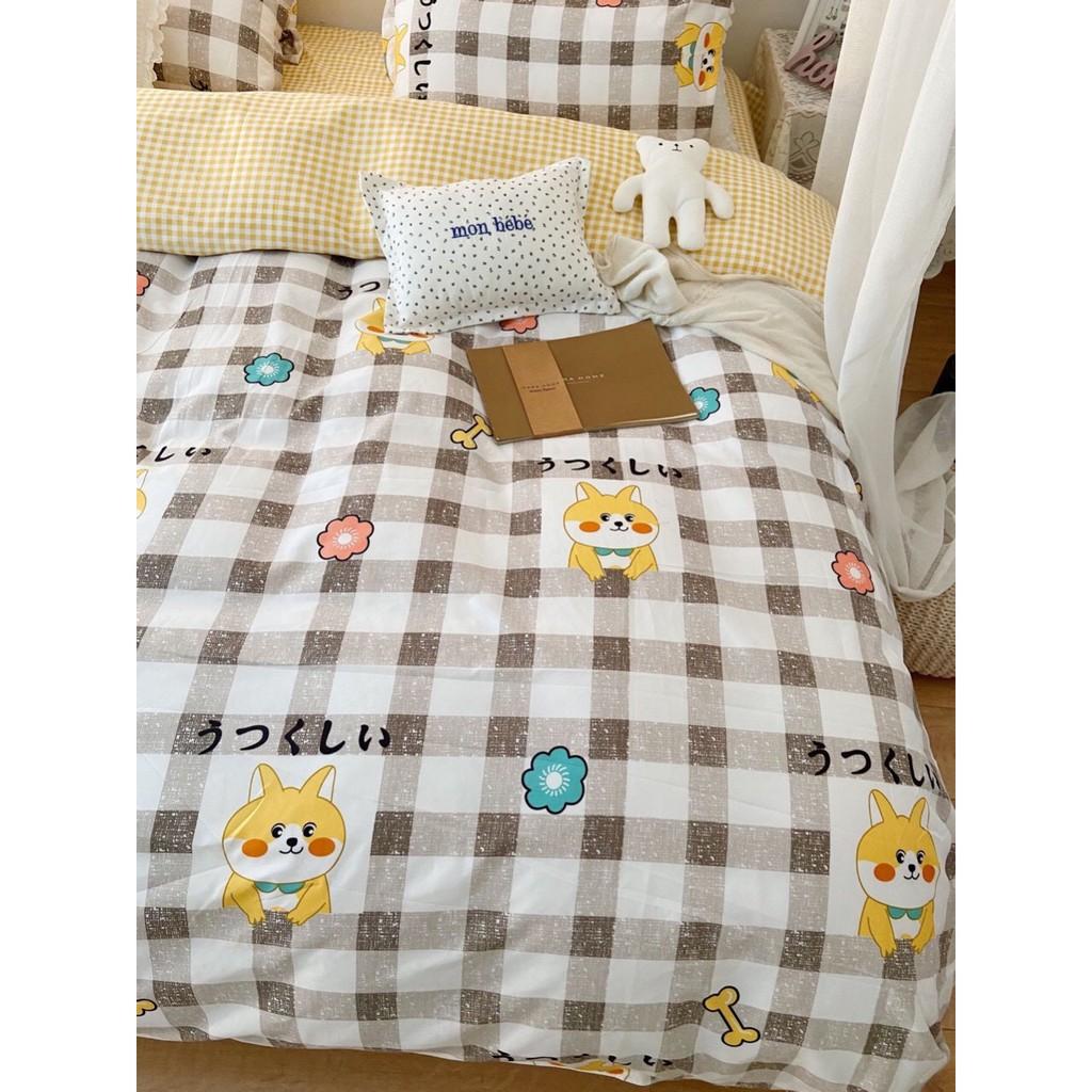 Bộ chăn ga gối Cotton poly M2T bedding Cún caro, vỏ chăn mền, drap nệm và 2 vỏ gối