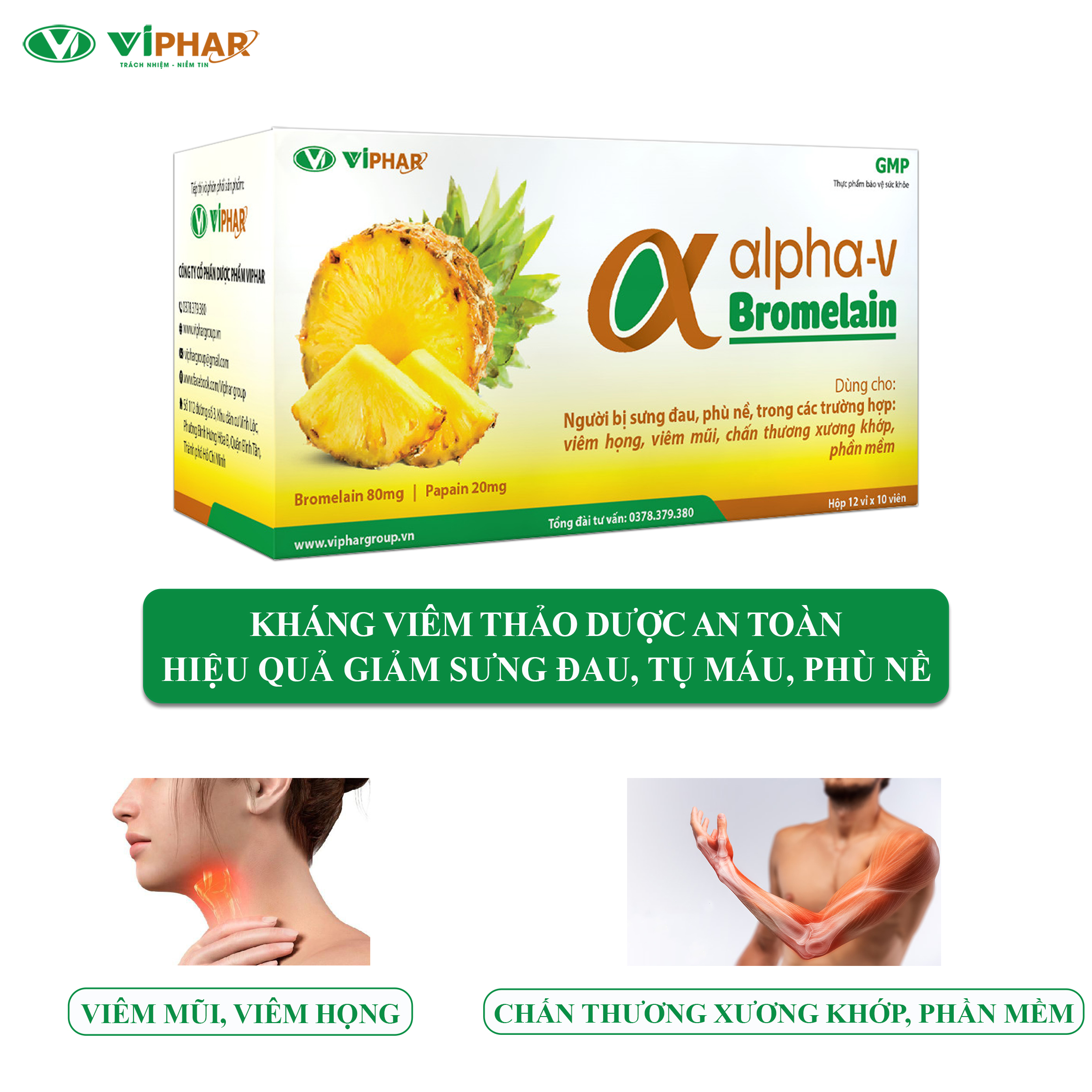 Viên Uống Giảm Sưng Đau, Phù Nề Do Viêm Họng, Viêm Mũi, Chấn Thương Xương Khớp, Phần Mềm Alpha-V Bromelain VIPHAR Hộp 120 Viên