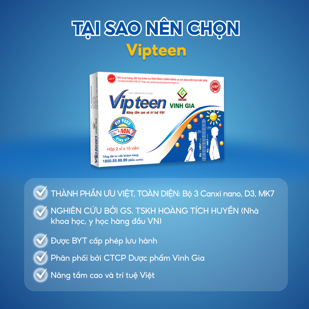 Viên Uống Hỗ Trợ Phát Triển Chiều Cao VIPTEEN VINH GIA Cho Trẻ 9 -18 tuổi (20 Viên)