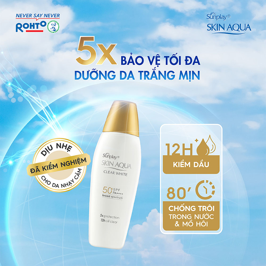 Kem chống nắng Skin Aqua dưỡng trắng, kiểm dầu, dùng hàng ngày dạng sữa Sunplay Skin Aqua Clear White Eco Việt Nam SPF50, PA++++ 55g