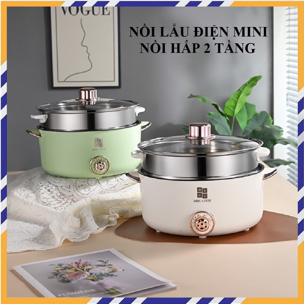 Nồi Lẩu Điện Mini, Nồi Hấp 2 Tầng, Nồi Lẩu Điện Đa Năng Tặng Kèm Xửng Hấp, Dung Tích 4Lit, Size 28cm - Hàng Chính Hãng