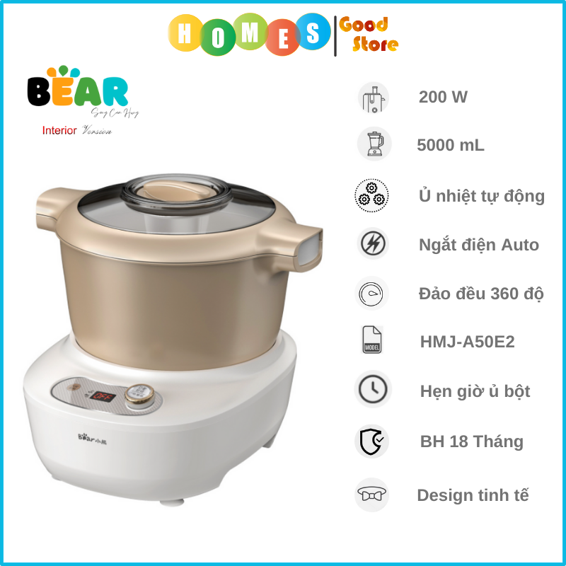 Máy Làm Bánh, Máy Trộn Bột Ủ Bột Lên Men Tự Động BEAR HMJ-A50E2 Chống Dính Bột Với Dung Tích 5 Lít Công Suất 200 W - Hàng Chính Hãng