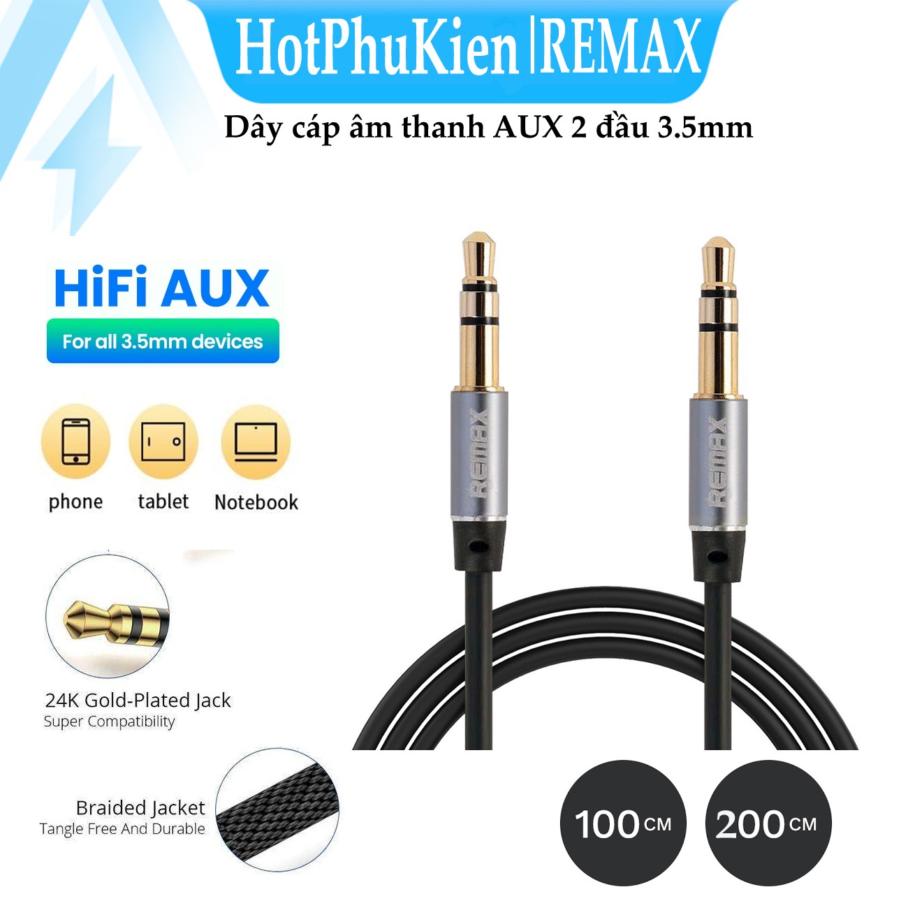 Dây cáp âm thanh Hifi AUX 3.5mm Audio hiệu Remax RL-L100 / Remax RL-L200 truyền tải âm thanh chất lượng cao đầu cáp mạ vàng, công nghệ chống đứt gãy (giao màu ngẫu nhiên) - Hàng nhập khẩu