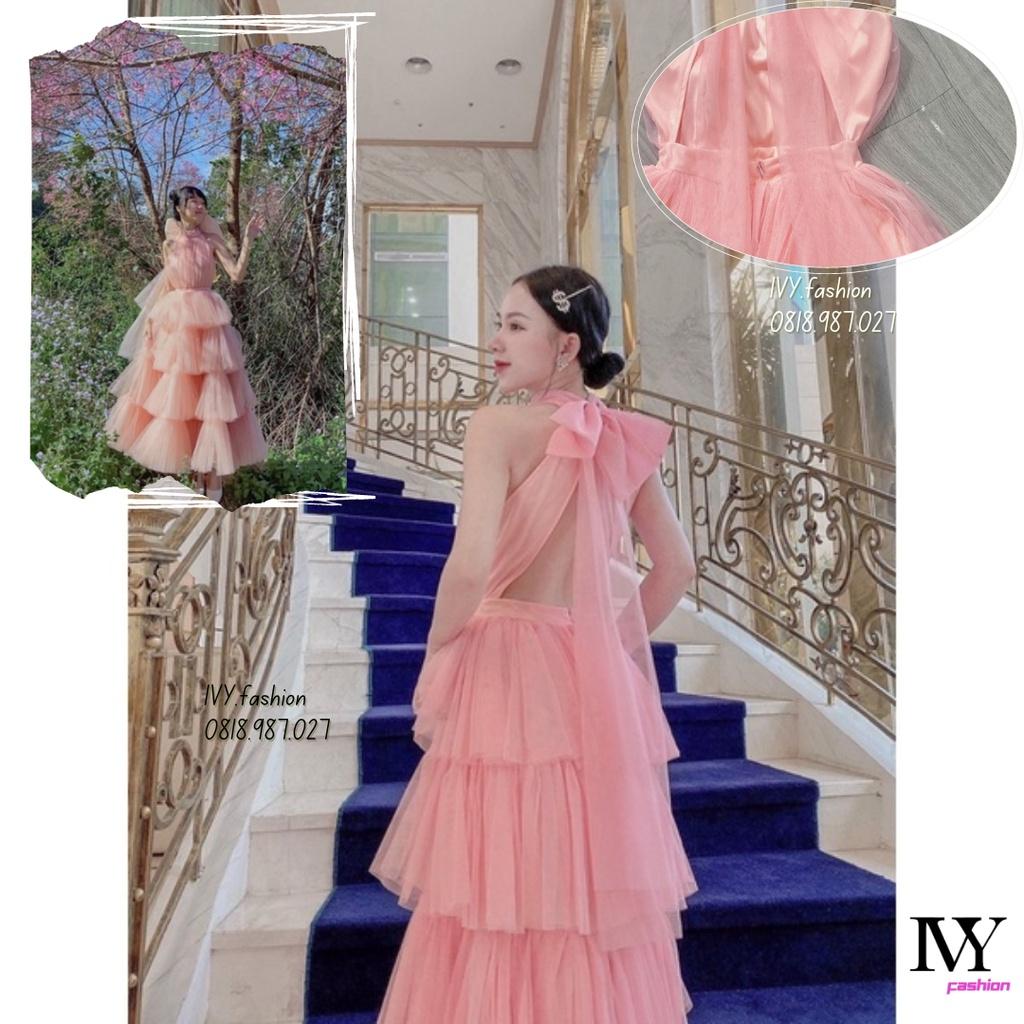 Đầm váy maxi lưới lót lụa xoè tầng hở lưng nơ cổ yếm hồng Ivy.fashion đi biển dự tiệc dạo phố bigsize gợi cảm sexy