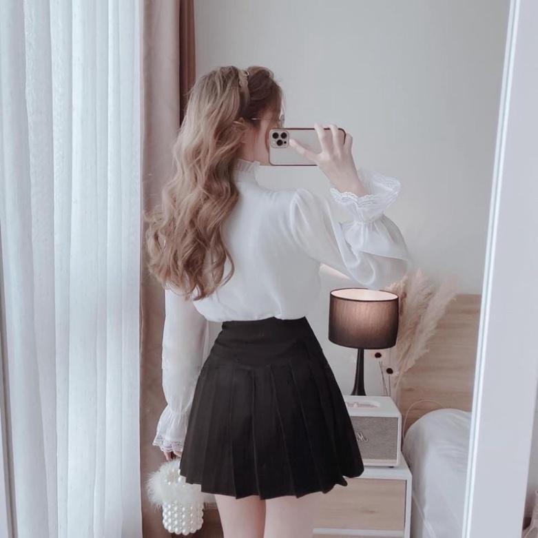 Áo sơ mi tiểu thư 2 lớp phối ren_444 ulzzang nữ tính, mầu đen, trắng, be, nâu tây, cocoland