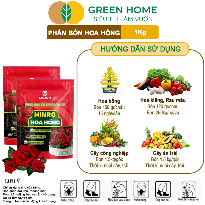 Phân Bón Hoa Hồng GreenHome, Minro, Bao 1kg, Hữu Cơ, Bung Chồi, Mượt Lá, Hoa Nhiều, Bền Hoa