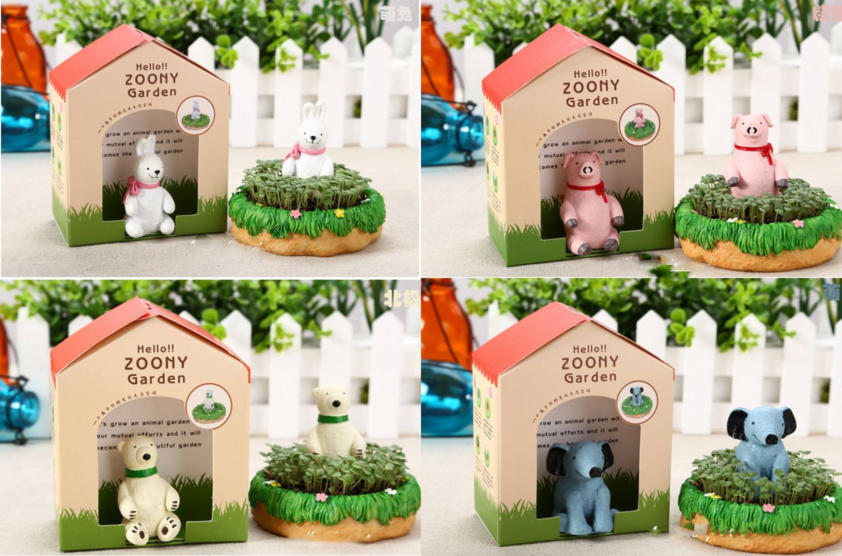 Chậu trồng cây tự tưới Ecoey hình Zoony Garden kèm hạt giống và đất Cỏ lá