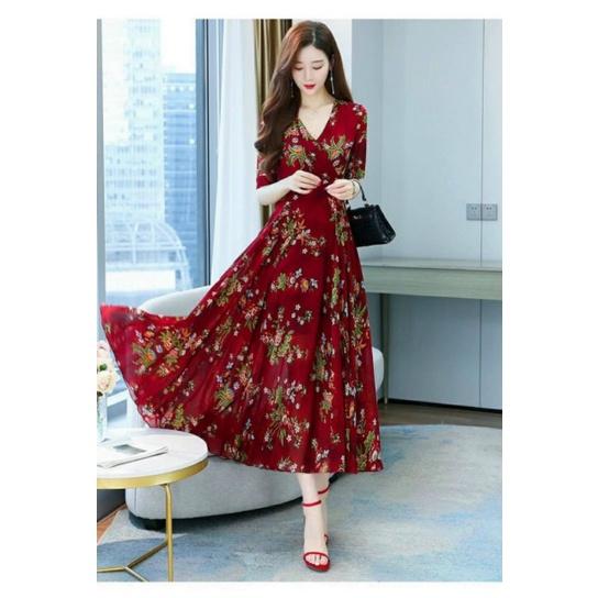 HÀNG NHẬP - ĐẦM VOAN LỤA HOA MÀU ĐỎ CỔ ĐẮP CHÉO