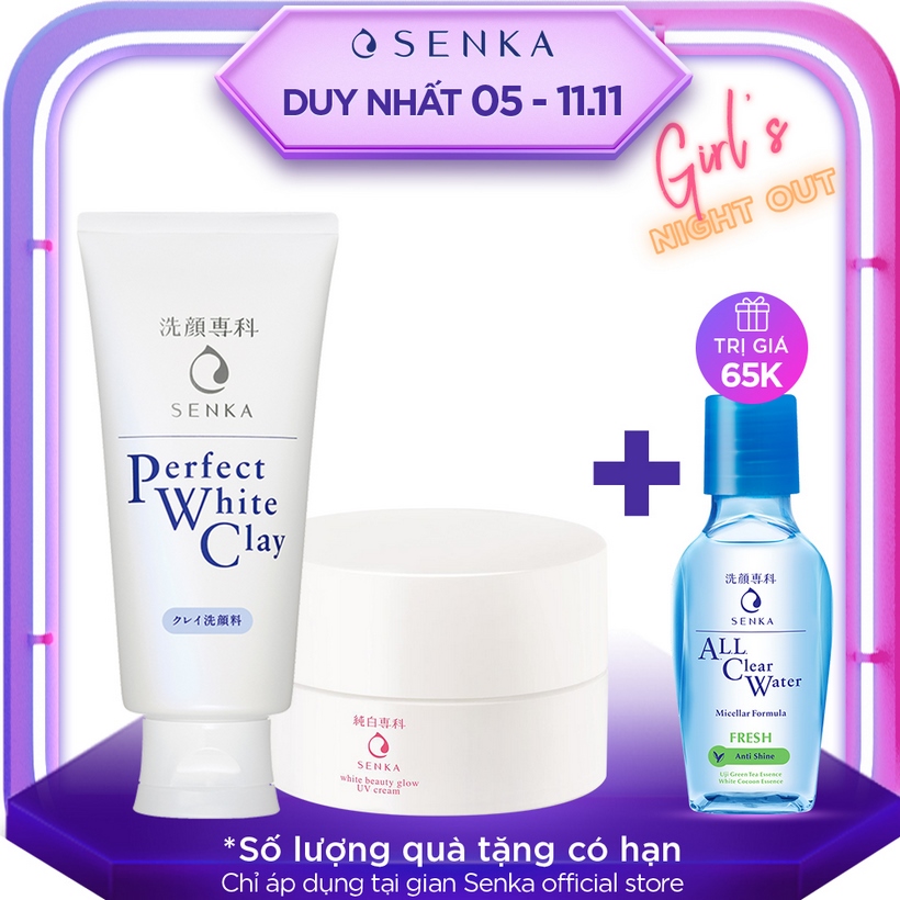 Bộ kem dưỡng trắng da ban ngày Senka (Glow UV Cream 50gr+ Perfect White Clay 120g)