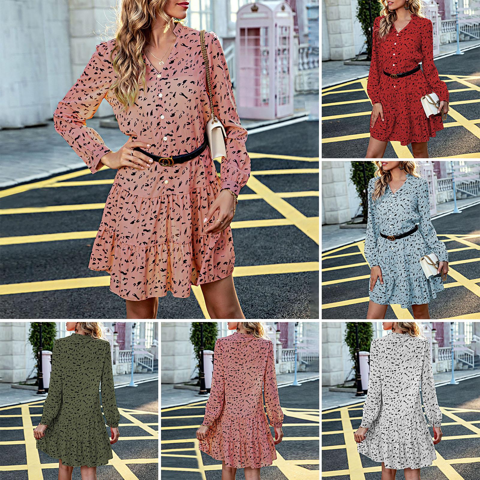 Women Long Sleeve Mini Dress Print V Neck Flared Holiday Spring Summer A-Line Casual Dress