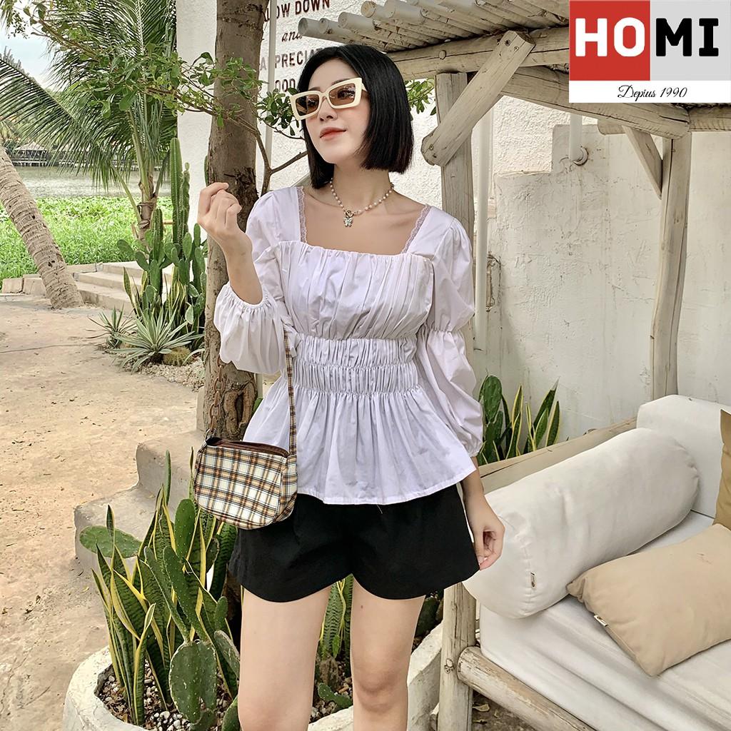 Áo Sơ mi Cổ Vuông phối ren trắng Homi Fashion