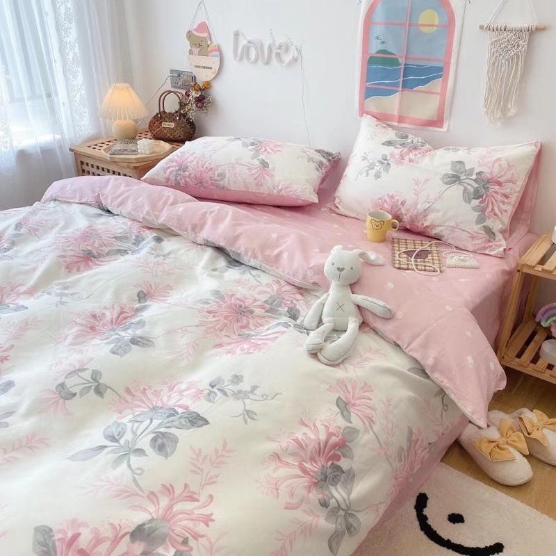 Set Cotton Living 100%cotton Hàng Nhập Khẩu Cao Cấp 4 Món Hoa Nhí Hồng