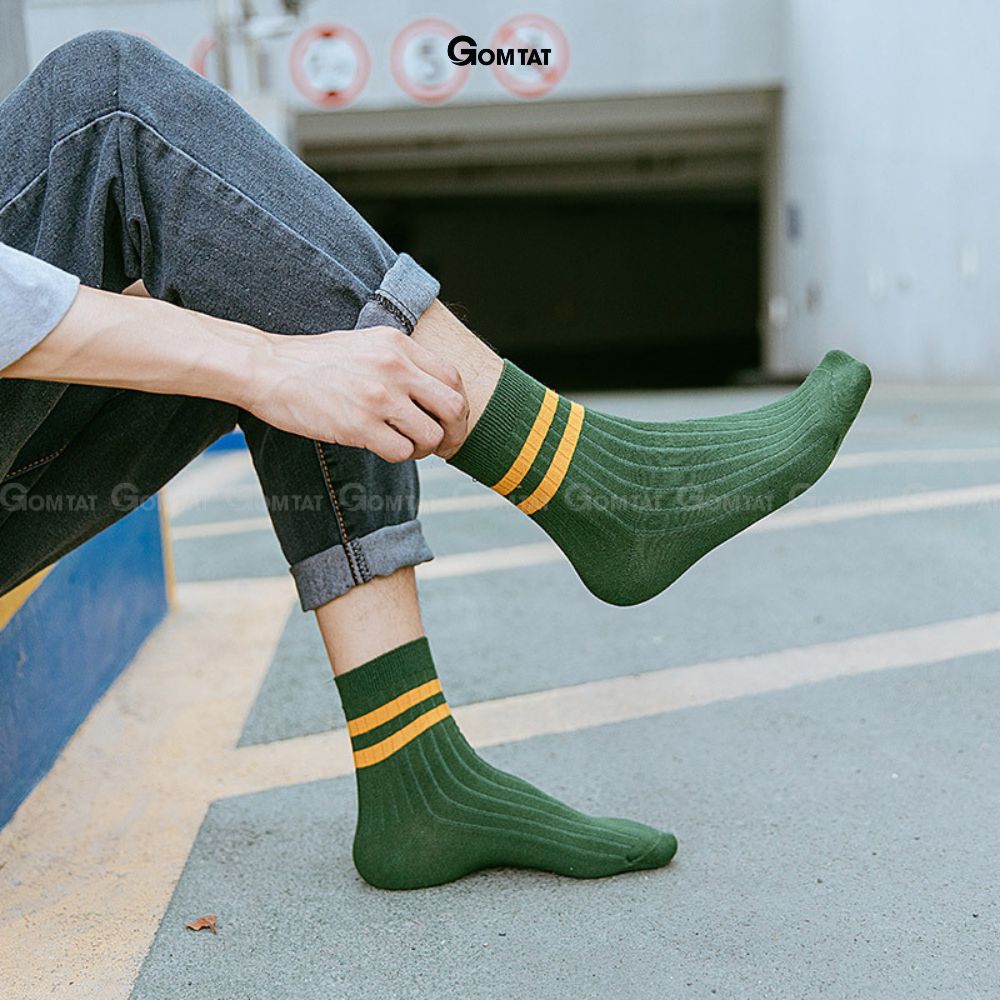 Combo 10 đôi Vớ Cổ Cao Unisex Cotton Dày dặn, Tất Cao Cổ Nam Nữ Họa Tiết Cổ 2 Sọc Ngang - CB202