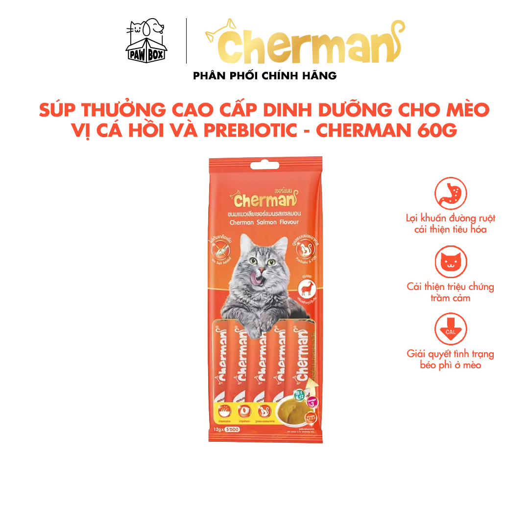 Súp thưởng cho mèo Cherman vị cá hồi và Prebiotic 12g x 5gói