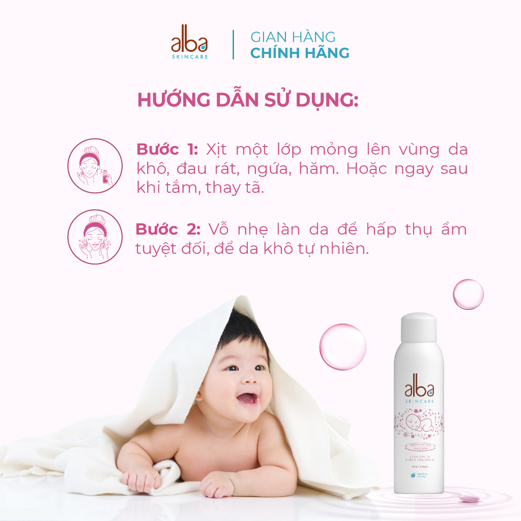 Xịt khoáng trẻ em Alba Skin Care - Chống hăm khô rôm sẩy do bỉm giúp da bé mịn màng - An toàn không gây kích ứng 150ml