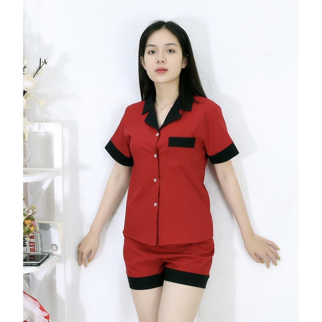 Bộ đồ Pijama ngắn mặc nhà MÀU ĐỎ ĐÔ PHA CỔ ĐEN