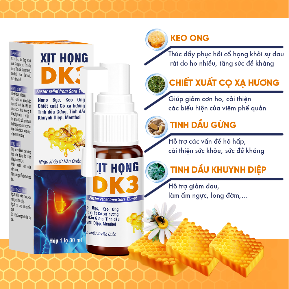 Xịt Họng DK3 Hỗ Trợ Làm Giảm Cơn Đau Rát Do Viêm Họng, Viêm Phế Quản Lọ 30ml