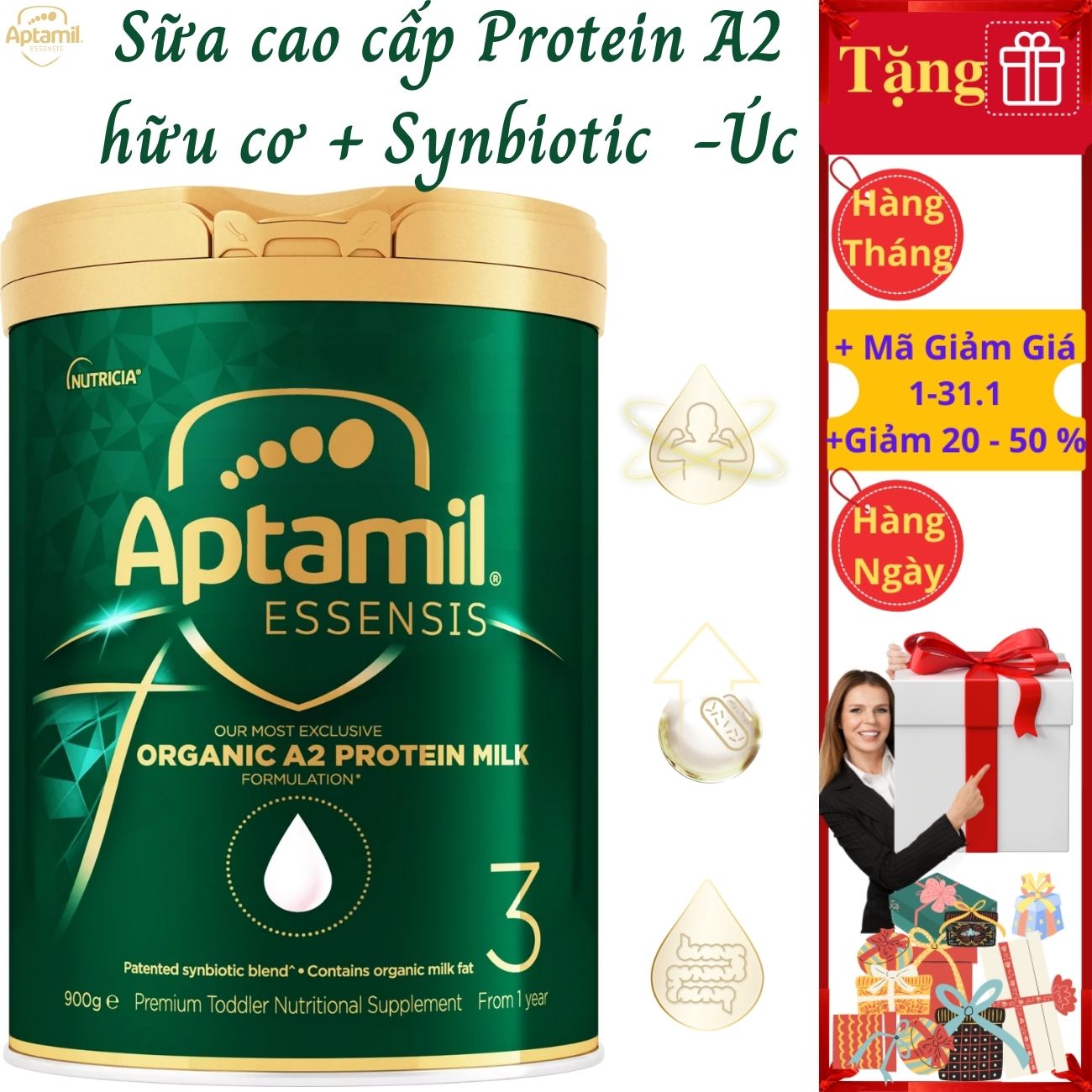 Sữa tăng chiều cao cho trẻ từ 1 tuổi Aptamil Essensis Protein A2 Úc (Số 3)- Công thức Synbiotic độc quyền Giúp tăng cường hệ miễn dịch, hỗ trợ hệ tiêu hóa, Phát triển chiều cao, Cân nặng, trí tuệ và tăng sức đề kháng (900g/hộp)