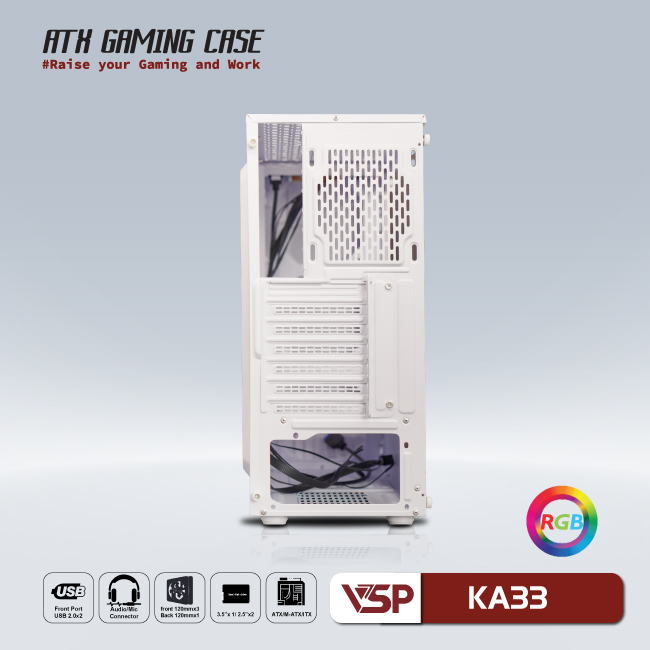 Vỏ máy tính Case VSP KA33 [TRẮNG] LED Gaming (ITX/M-ATX/ATX) không kèm FAN - Hàng chính hãng TECH VISION phân phối