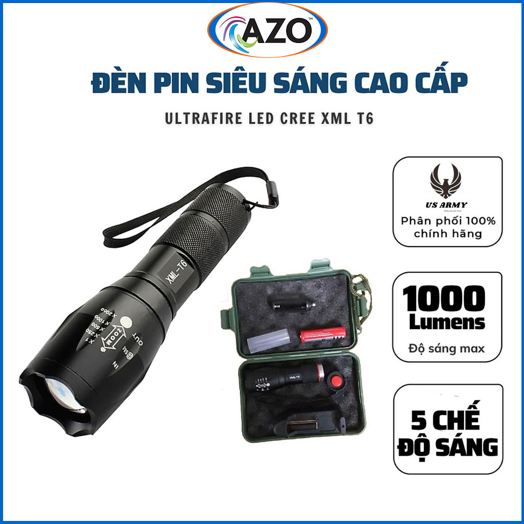 Đèn Pin Siêu Sáng US ARMY Mã XML-T6, Đèn Pin Cầm Tay Cao Cấp Vỏ Hợp Kim Chống Nước Sử Dụng Pin Có Thể Sạc Lại