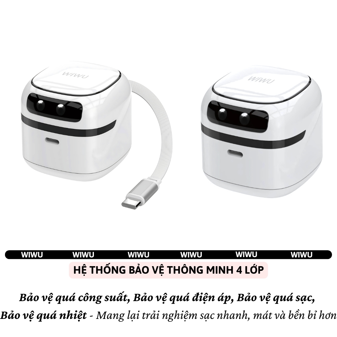 Adapter cóc củ sạc nhanh 65W PD USB C kèm dây sạc Type-C PPS chống cháy hiệu WIWU Robot Fast Charger cho iPhone iPad Oppo Samsung  - Trang bị chip AI thông mình tự động điều chỉnh dòng điện, bảo vệ quá sạc - Hàng nhập khẩu