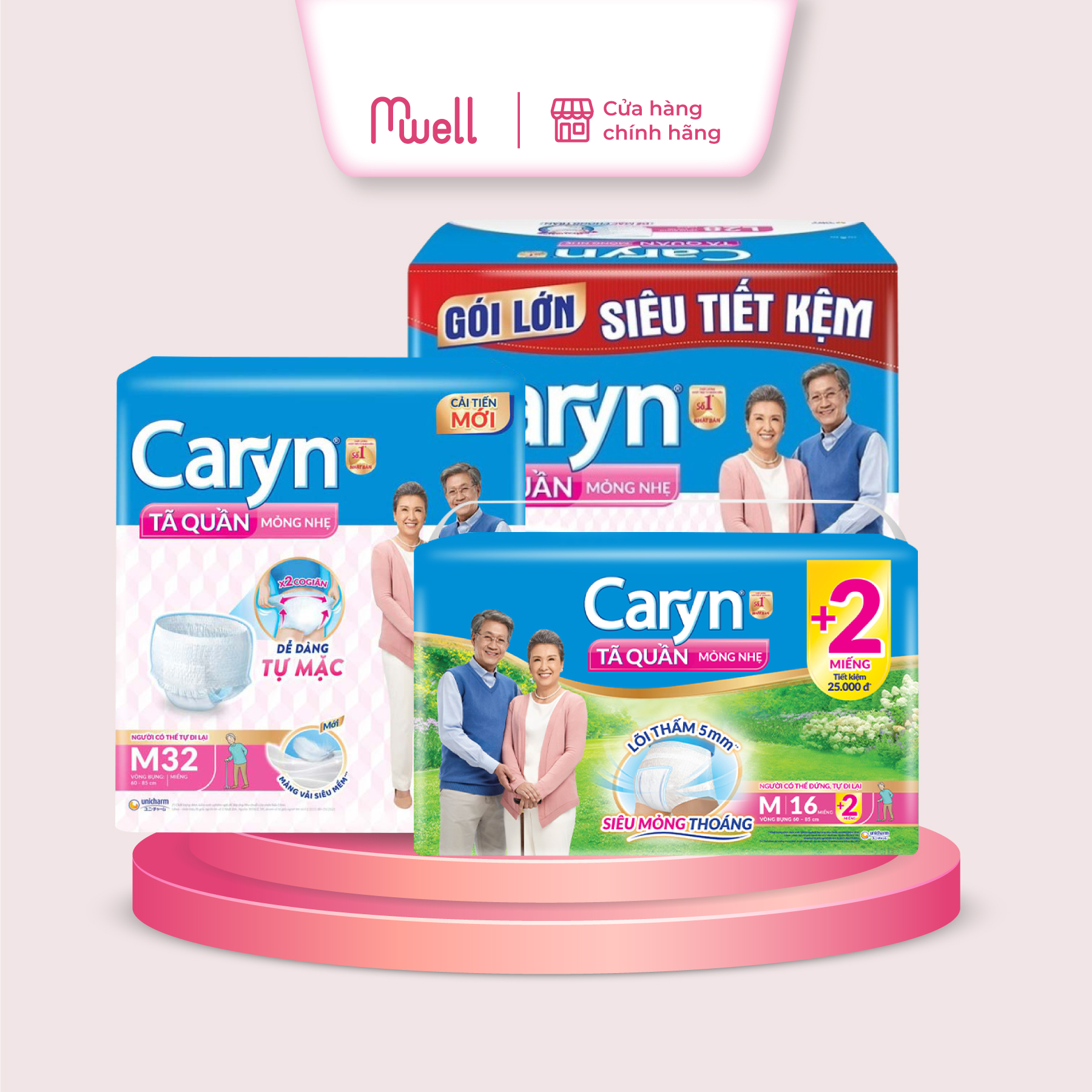 Tã quần người lớn Caryn bỉm quần gói lớn size M16 M32 L5 L14 L28 XL12 XL24 Mỏng Nhẹ Chống Tràn