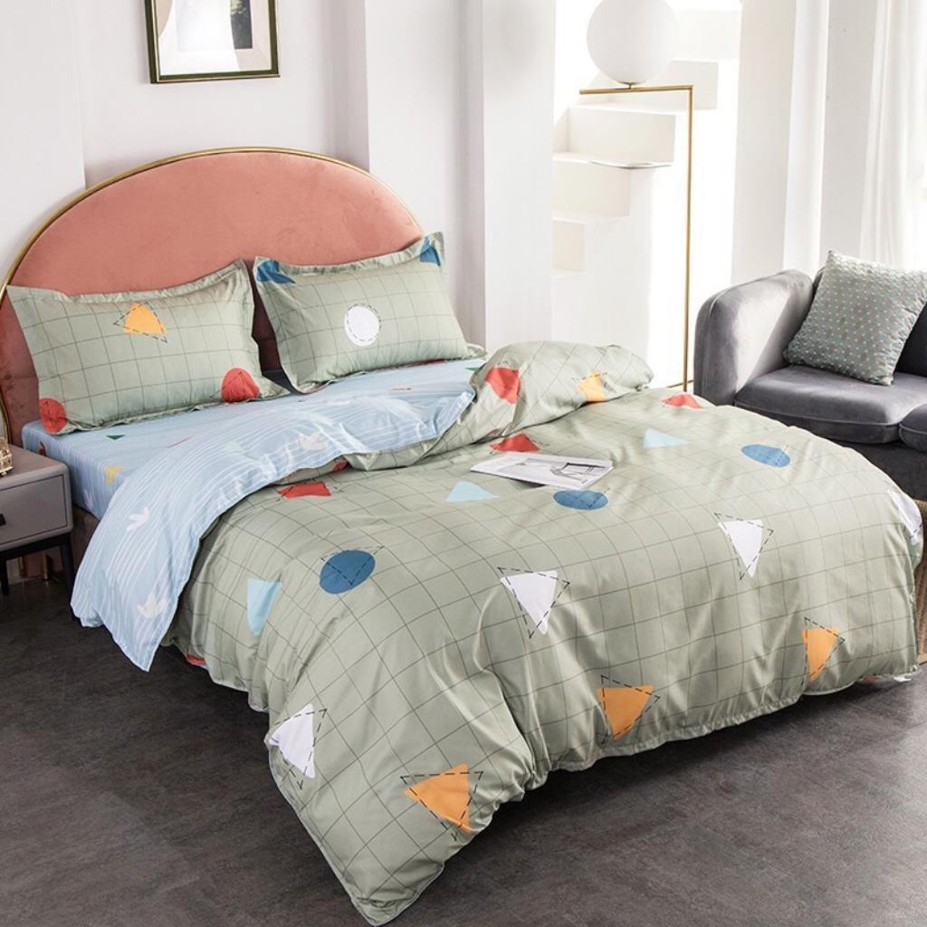 Bộ Chăn Ga Gối Cotton Poly Hình Học Xanh