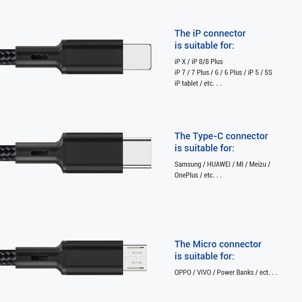 Dây cáp sạc chính hãng TOPK AN20 nhiều cổng sạc USB micro type C lightning 3 trong 1 cho điện thoại iPhone Samsung Huawei dài 1.2M (Dây cáp)