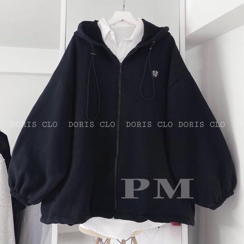 ÁO NỈ KHOÁ UNISEX THÊU LÔ GÔ BÒ TAY CHUN CHỐT GẤU 2 MÀU ĐEN, BE FREESIZE