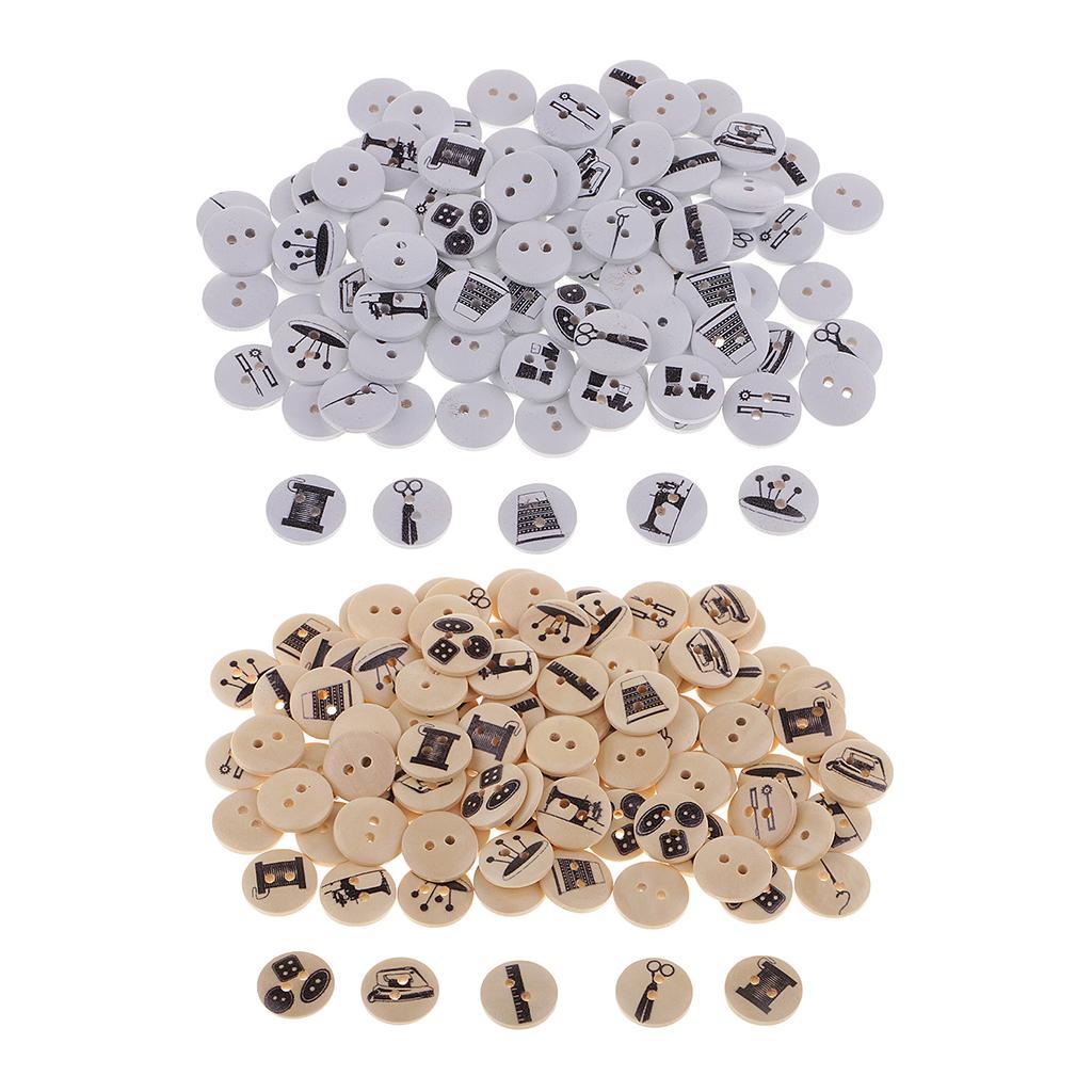DIY 100Pcs 15mm Round Wood Button 2 Holes Mixed Pattern Sewing Accessories Craft Decoration