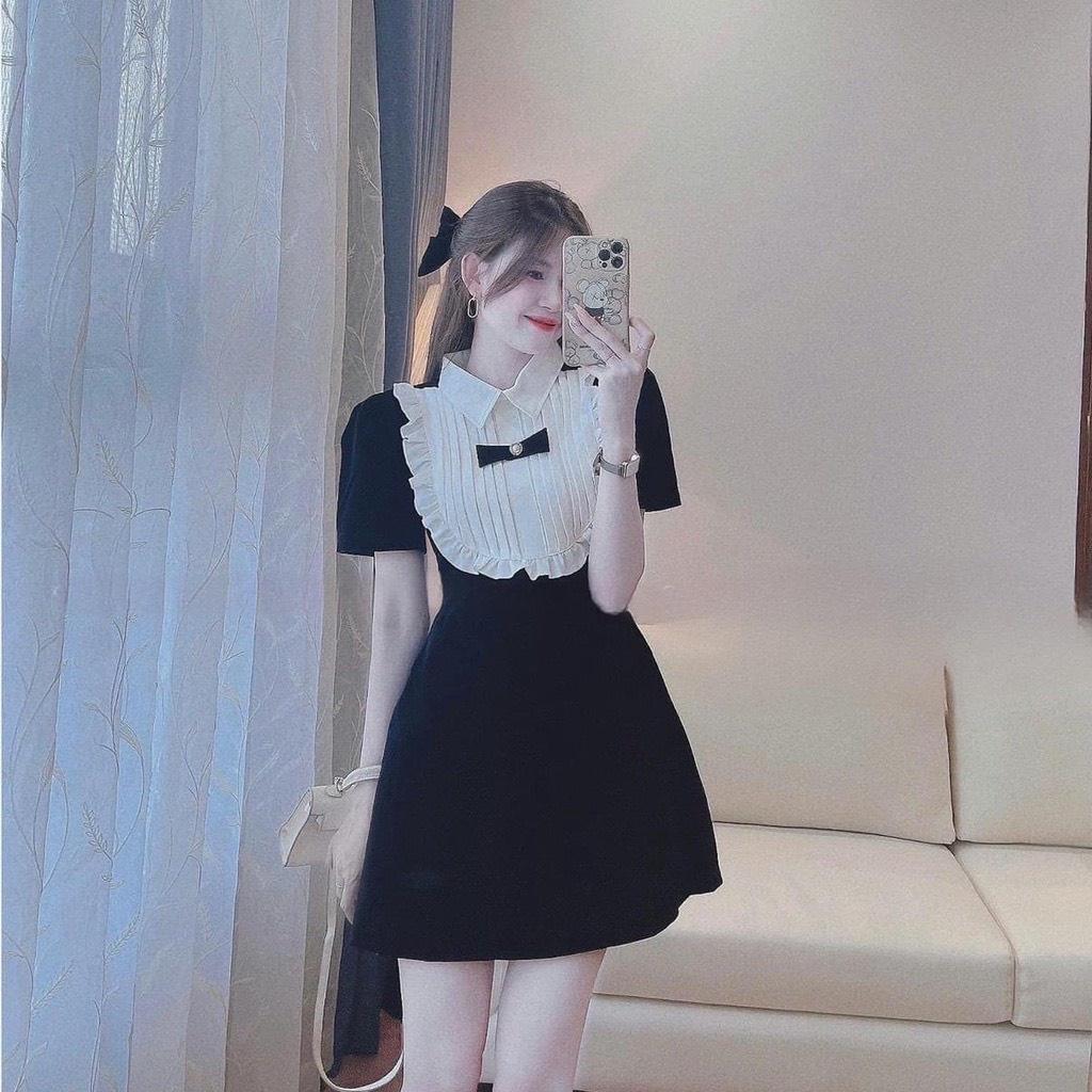 Váy đầm nữ mini dáng xòe cổ bẻ phối bèo đính nơ xinh xắn cực hót