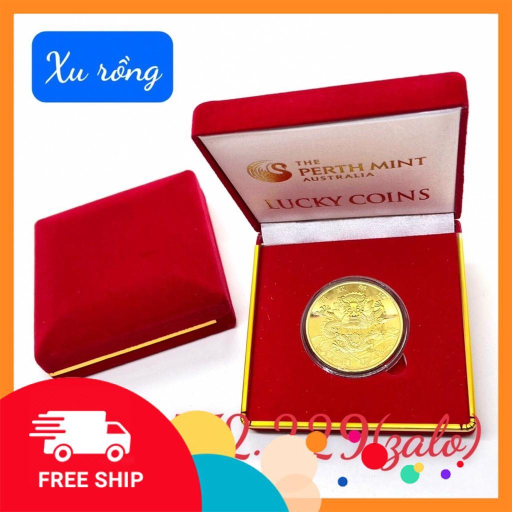 Đồng xu Rồng phong thuỷ may mắn tặng hộp nhung ,móc khóa, túi gấm đỏ may mắn tai lộc